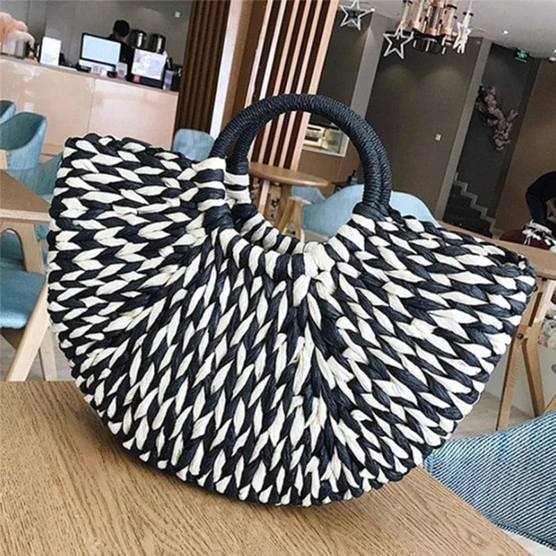 Straw Handbag for Women, Natural Woven Summer Purse in Black, styled as a SheSelects summer accessory