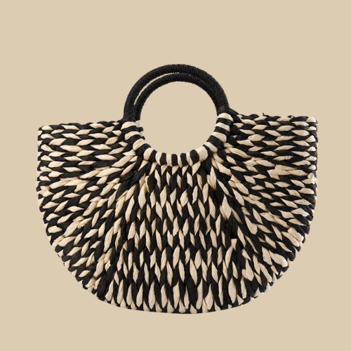 Straw Handbag for Women, Natural Woven Summer Purse in Black, styled as a SheSelects summer accessory