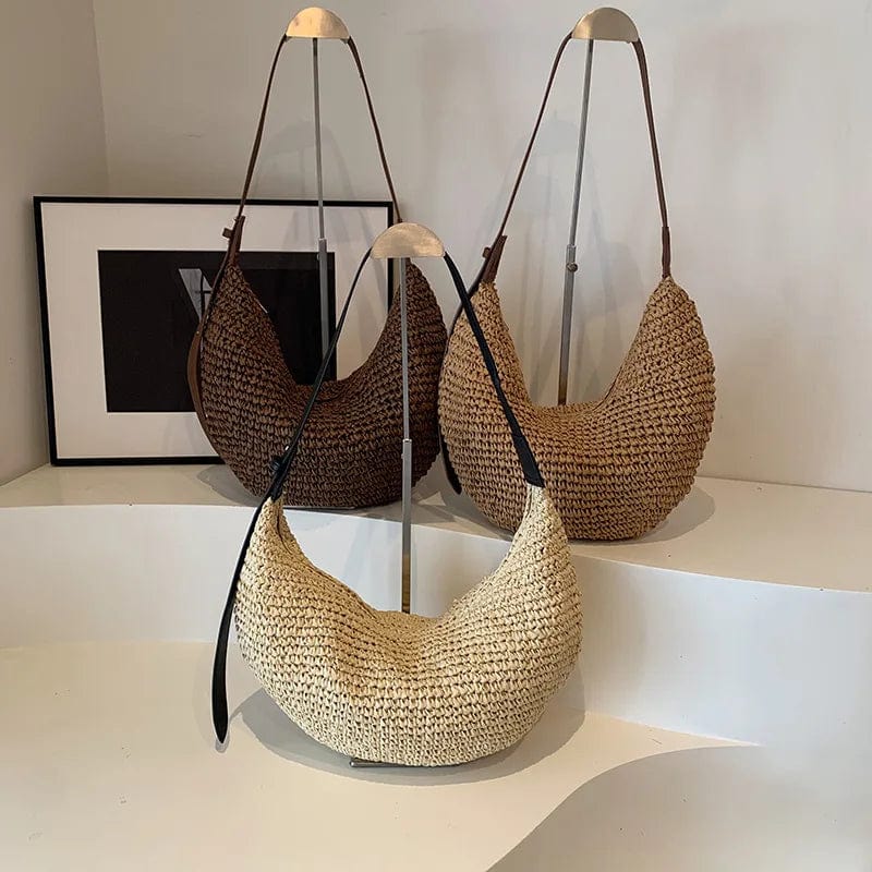 Straw Hobo Bag for Women, Relaxed Woven Summer Shoulder Purse in Coffee, styled as a SheSelects summer accessory