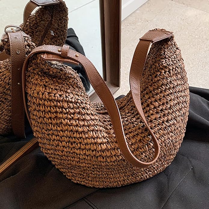 Straw Hobo Bag for Women, Relaxed Woven Summer Shoulder Purse in Coffee, styled as a SheSelects summer accessory