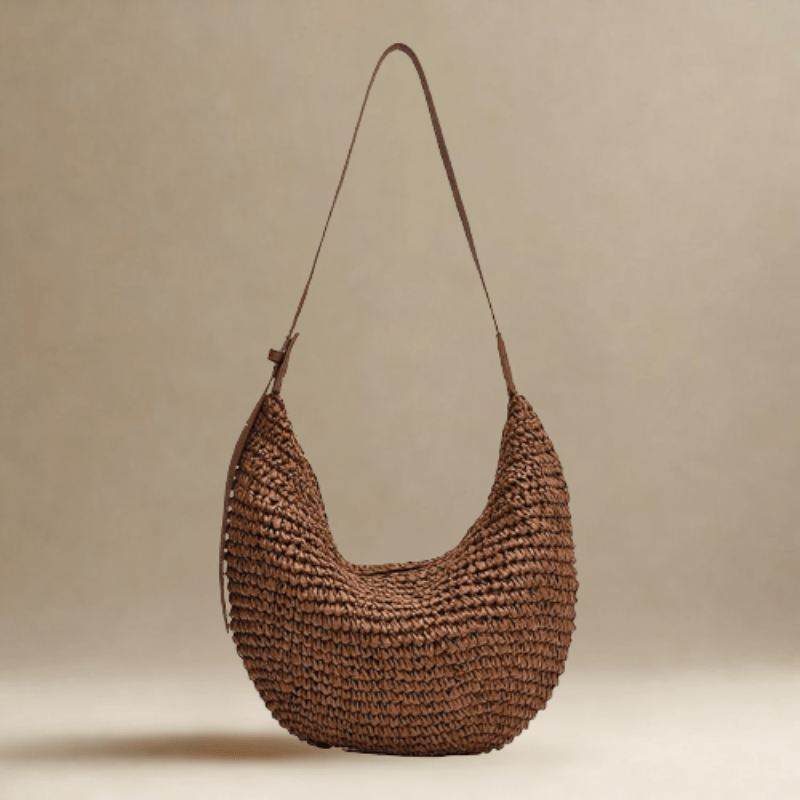 Straw Hobo Bag for Women, Relaxed Woven Summer Shoulder Purse in Coffee, styled as a SheSelects summer accessory
