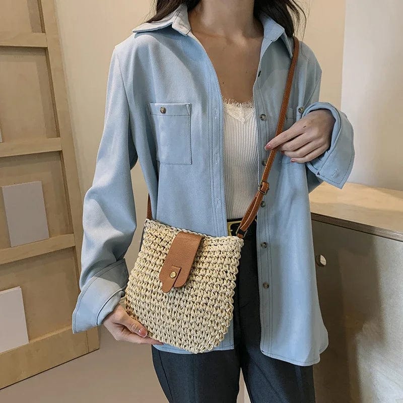 Straw Crossbody Bag for Women, Woven Summer Purse with Easy Strap in Beige, styled as a SheSelects summer accessory