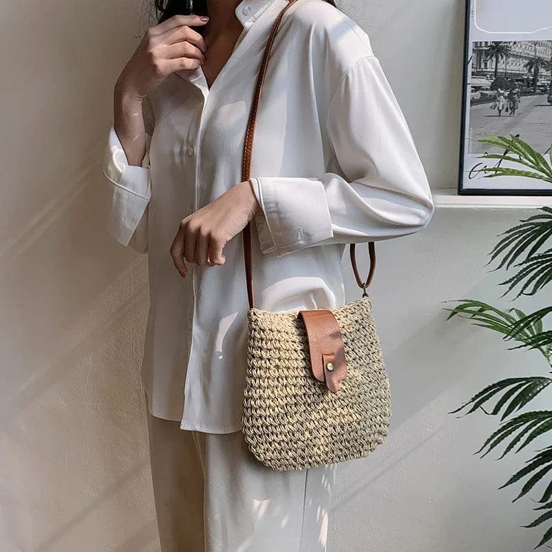 Straw Crossbody Bag for Women, Woven Summer Purse with Easy Strap in Beige, styled as a SheSelects summer accessory
