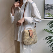 Straw Crossbody Bag for Women, Woven Summer Purse with Easy Strap in Beige, styled as a SheSelects summer accessory