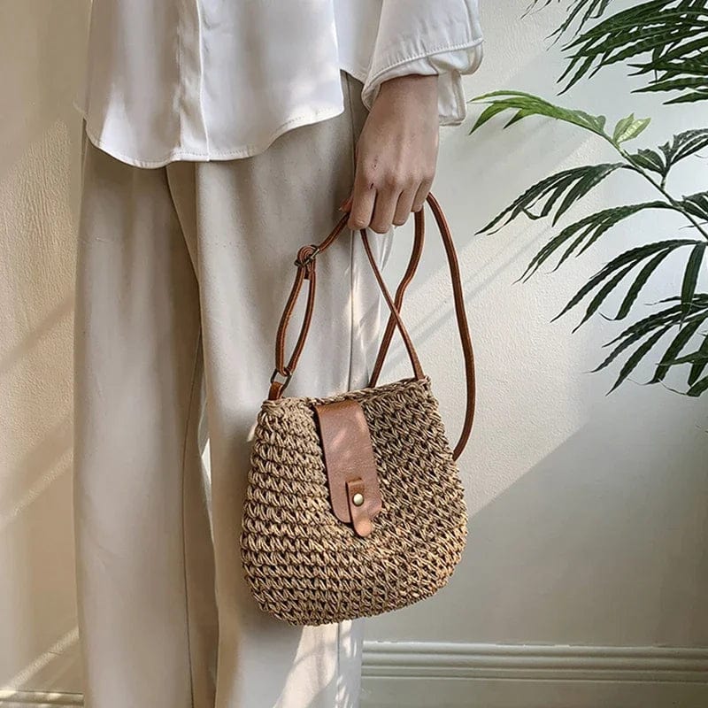 Straw Crossbody Bag for Women, Woven Summer Purse with Easy Strap in Beige, styled as a SheSelects summer accessory