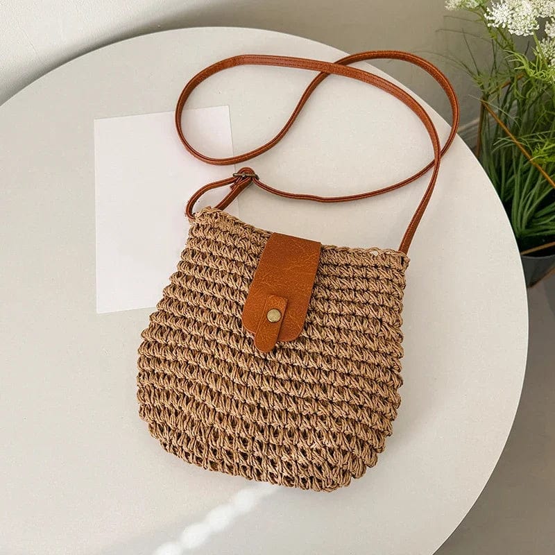 Straw Crossbody Bag for Women, Woven Summer Purse with Easy Strap in Beige, styled as a SheSelects summer accessory