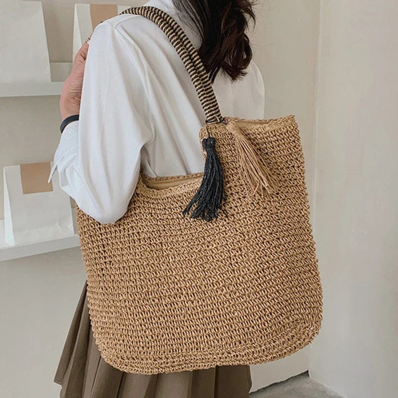 Straw Tote Bag for Women, Woven Summer Beach and Vacation Purse, styled as a SheSelects summer accessory
