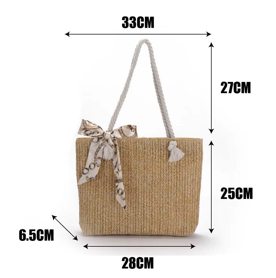 Straw Tote Bag for Women, Woven Summer Beach and Vacation Purse in Beige, styled as a SheSelects summer accessory