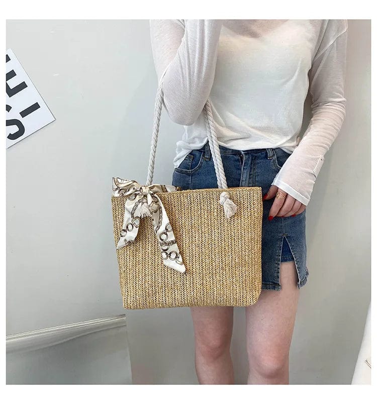 Straw Tote Bag for Women, Woven Summer Beach and Vacation Purse in Beige, styled as a SheSelects summer accessory