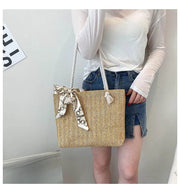 Straw Tote Bag for Women, Woven Summer Beach and Vacation Purse in Beige, styled as a SheSelects summer accessory
