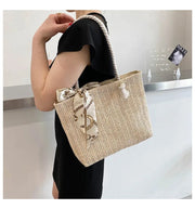 Straw Tote Bag for Women, Woven Summer Beach and Vacation Purse in Beige, styled as a SheSelects summer accessory