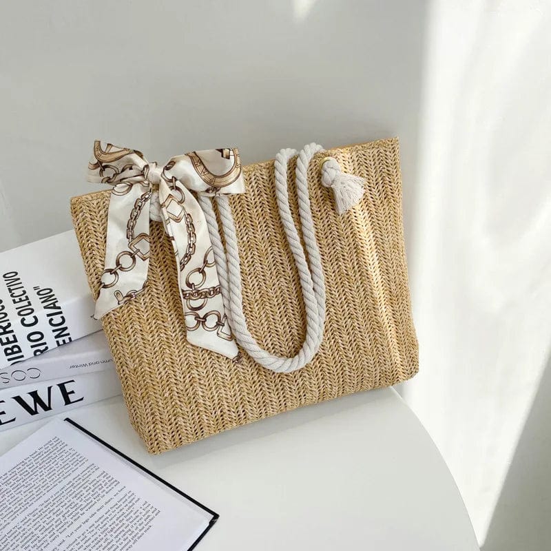 Straw Tote Bag for Women, Woven Summer Beach and Vacation Purse in Beige, styled as a SheSelects summer accessory