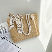 Straw Tote Bag for Women, Woven Summer Beach and Vacation Purse in Beige, styled as a SheSelects summer accessory
