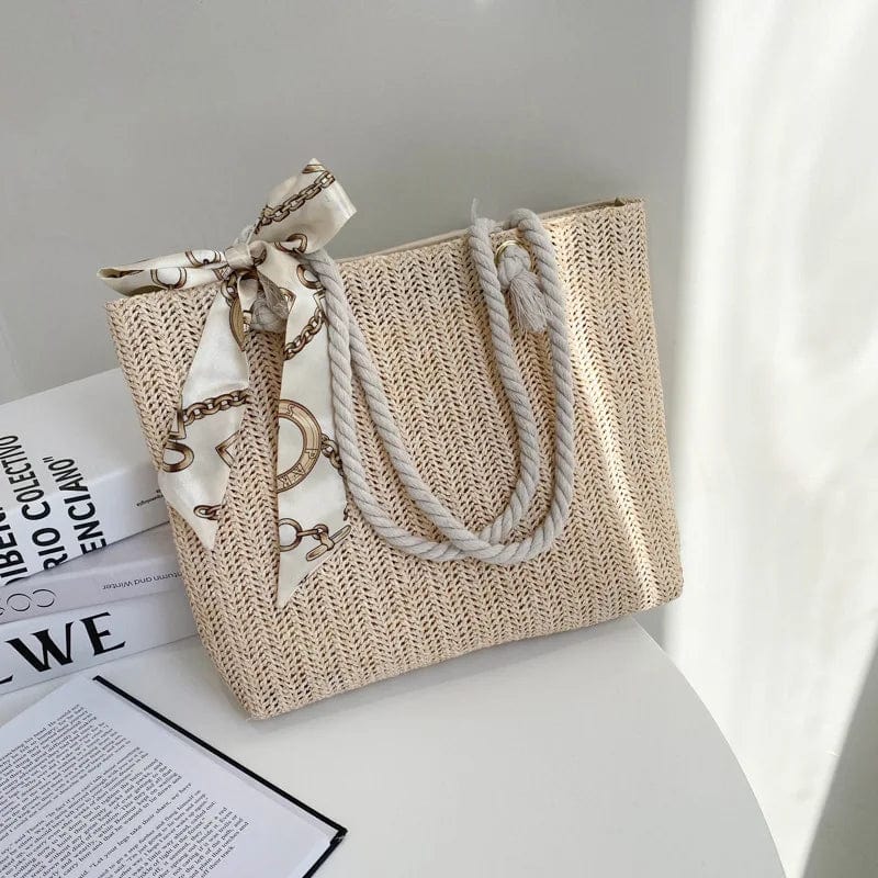 Straw Tote Bag for Women, Woven Summer Beach and Vacation Purse in Beige, styled as a SheSelects summer accessory