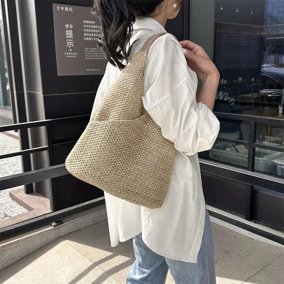 Straw Shoulder Bag for Women, Natural Woven Summer Purse in Beige, styled as a SheSelects summer accessory