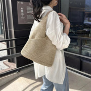 Straw Shoulder Bag for Women, Natural Woven Summer Purse in Beige, styled as a SheSelects summer accessory