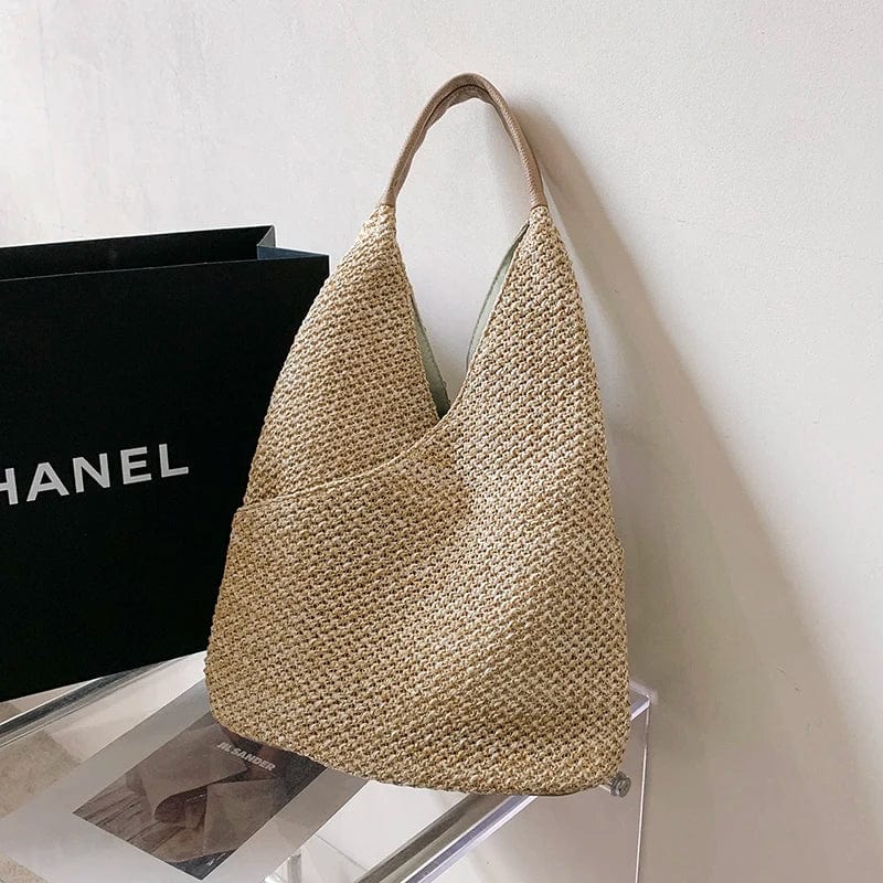 Straw Shoulder Bag for Women, Natural Woven Summer Purse in Beige, styled as a SheSelects summer accessory