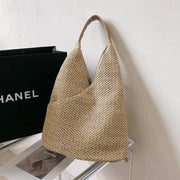 Straw Shoulder Bag for Women, Natural Woven Summer Purse in Beige, styled as a SheSelects summer accessory