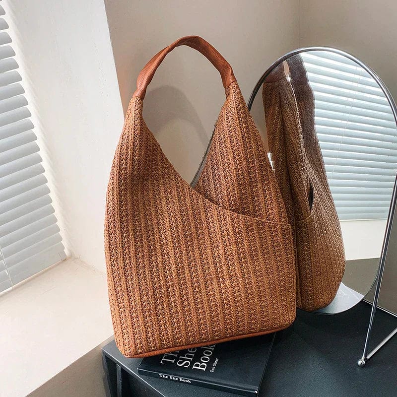 Straw Shoulder Bag for Women, Natural Woven Summer Purse in Beige, styled as a SheSelects summer accessory
