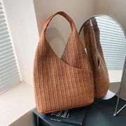 Straw Shoulder Bag for Women, Natural Woven Summer Purse in Beige, styled as a SheSelects summer accessory