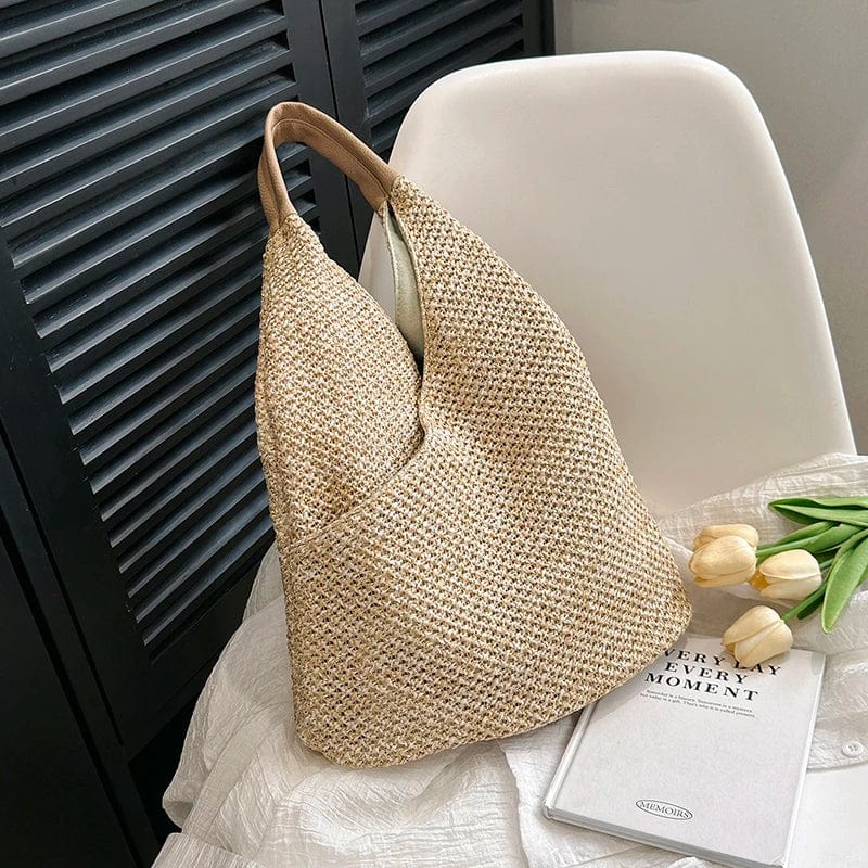 Straw Shoulder Bag for Women, Natural Woven Summer Purse in Beige, styled as a SheSelects summer accessory