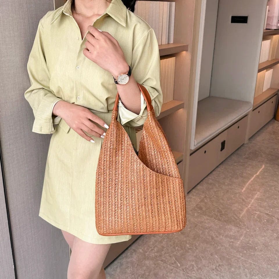 Straw Shoulder Bag for Women, Natural Woven Summer Purse in Beige, styled as a SheSelects summer accessory