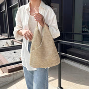 Straw Shoulder Bag for Women, Natural Woven Summer Purse in Beige, styled as a SheSelects summer accessory