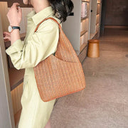 Straw Shoulder Bag for Women, Natural Woven Summer Purse in Beige, styled as a SheSelects summer accessory