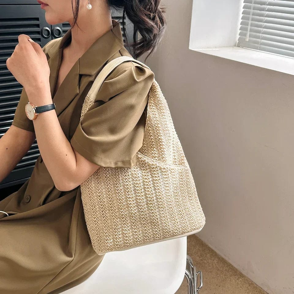Straw Shoulder Bag for Women, Natural Woven Summer Purse in Beige, styled as a SheSelects summer accessory