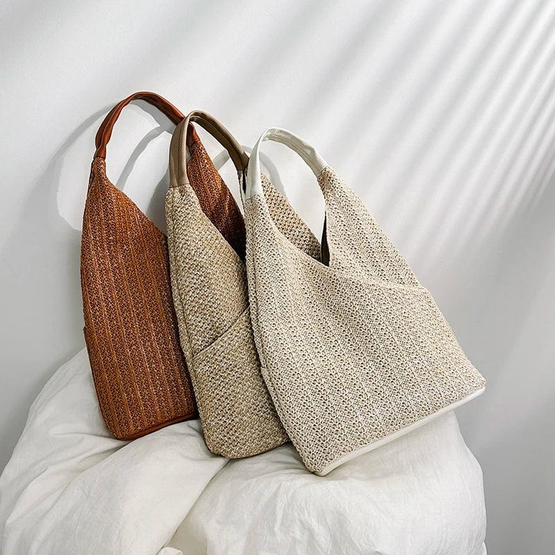 Straw Shoulder Bag for Women, Natural Woven Summer Purse in Beige, styled as a SheSelects summer accessory
