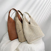 Straw Shoulder Bag for Women, Natural Woven Summer Purse in Beige, styled as a SheSelects summer accessory