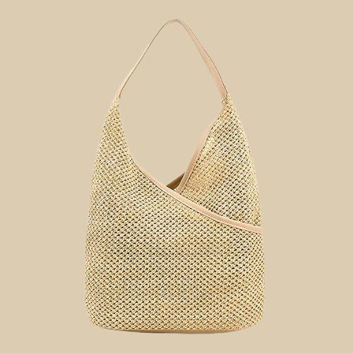 Straw Shoulder Bag for Women, Natural Woven Summer Purse in Beige, styled as a SheSelects summer accessory