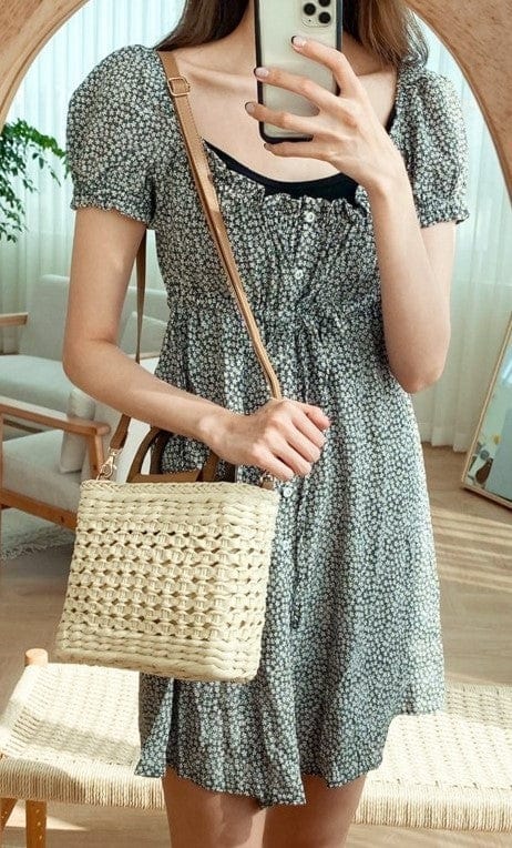 Straw Crossbody Bag for Women, Woven Summer Purse with Easy Strap in Khaki, styled as a SheSelects summer accessory
