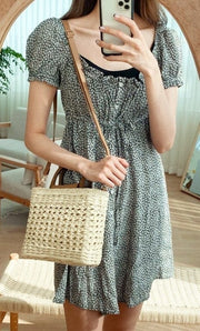 Straw Crossbody Bag for Women, Woven Summer Purse with Easy Strap in Khaki, styled as a SheSelects summer accessory