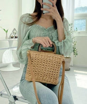 Straw Crossbody Bag for Women, Woven Summer Purse with Easy Strap in Khaki, styled as a SheSelects summer accessory