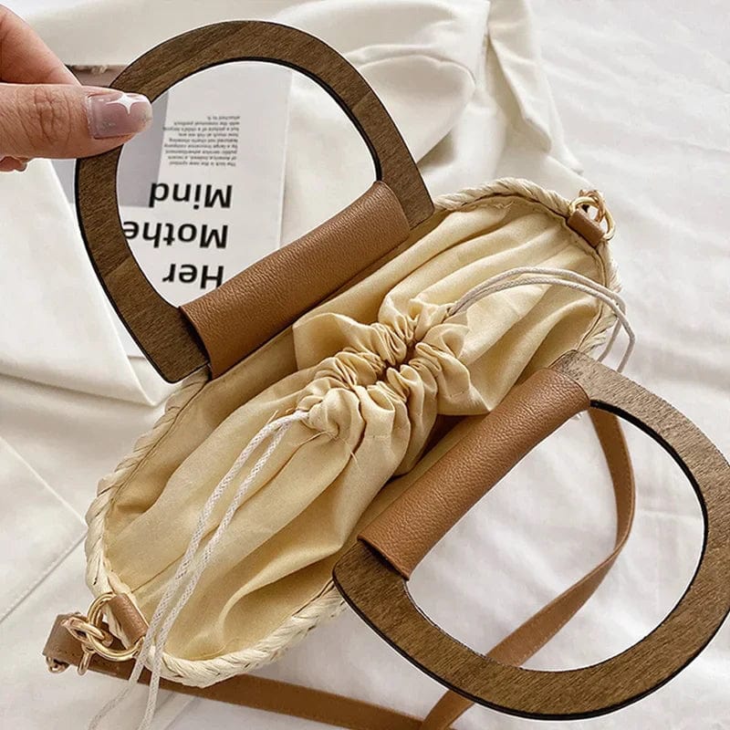 Straw Crossbody Bag for Women, Woven Summer Purse with Easy Strap in Khaki, styled as a SheSelects summer accessory