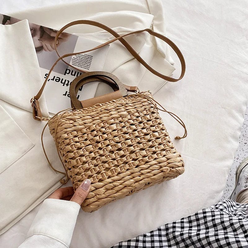 Straw Crossbody Bag for Women, Woven Summer Purse with Easy Strap in Khaki, styled as a SheSelects summer accessory