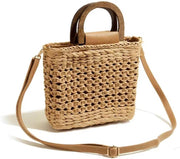 Straw Crossbody Bag for Women, Woven Summer Purse with Easy Strap in Khaki, styled as a SheSelects summer accessory