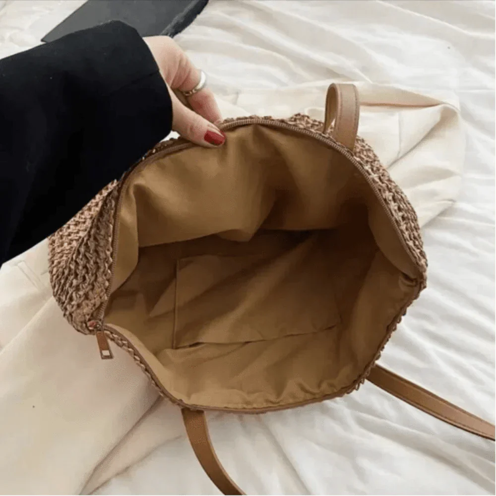Straw Crossbody Bag for Women, Woven Summer Purse with Easy Strap in Beige, styled as a SheSelects summer accessory