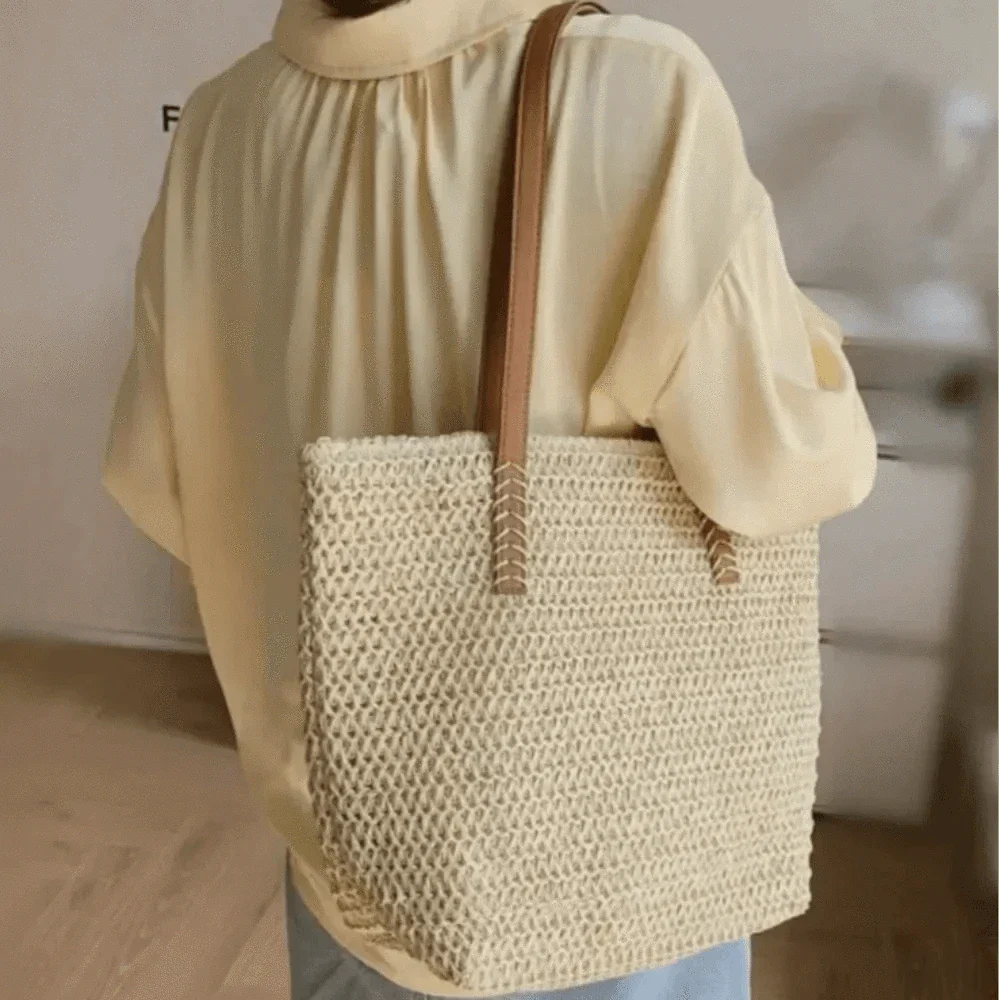 Straw Crossbody Bag for Women, Woven Summer Purse with Easy Strap in Beige, styled as a SheSelects summer accessory