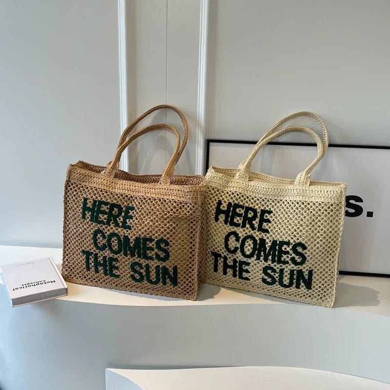 Straw Tote Bag for Women, Woven Summer Beach and Vacation Purse in Beige, styled as a SheSelects summer accessory