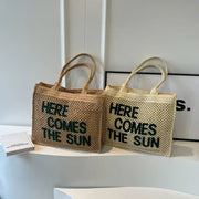 Straw Tote Bag for Women, Woven Summer Beach and Vacation Purse in Beige, styled as a SheSelects summer accessory