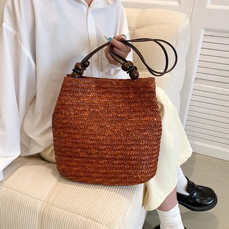 Straw Tote Bag for Women, Woven Summer Beach and Vacation Purse in Beige, styled as a SheSelects summer accessory