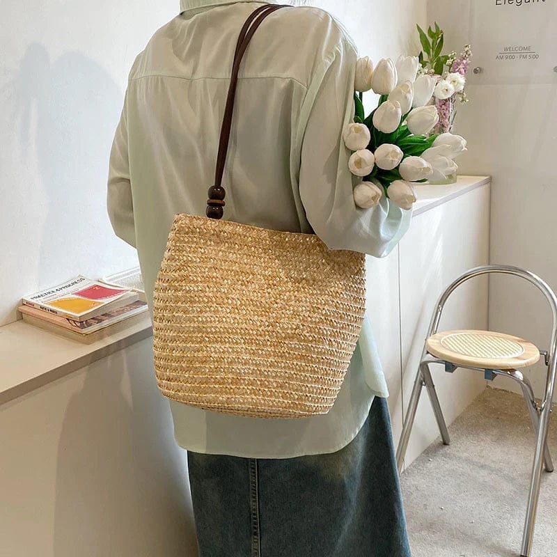 Straw Tote Bag for Women, Woven Summer Beach and Vacation Purse in Beige, styled as a SheSelects summer accessory