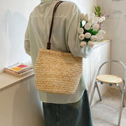Straw Tote Bag for Women, Woven Summer Beach and Vacation Purse in Beige, styled as a SheSelects summer accessory
