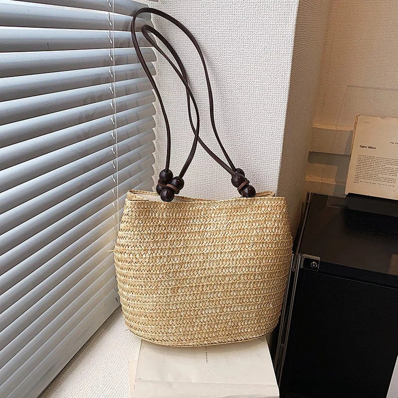 Straw Tote Bag for Women, Woven Summer Beach and Vacation Purse in Beige, styled as a SheSelects summer accessory