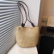Straw Tote Bag for Women, Woven Summer Beach and Vacation Purse in Beige, styled as a SheSelects summer accessory