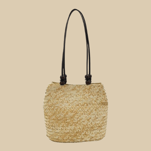 Straw Tote Bag for Women, Woven Summer Beach and Vacation Purse in Beige, styled as a SheSelects summer accessory