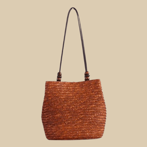 Straw Tote Bag for Women, Woven Summer Beach and Vacation Purse in Beige, styled as a SheSelects summer accessory