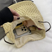 Straw Backpack for Women, Lightweight Summer Travel Bag in Beige, styled as a SheSelects summer accessory